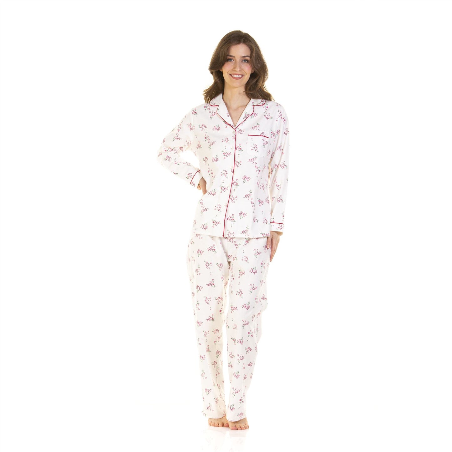 Sue Marks Womens Floral Button Through Brushed Cotton Pyjamas - Pink