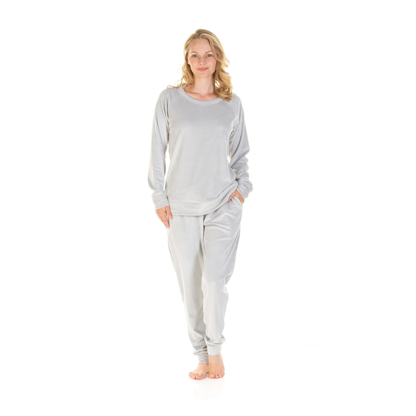 La Marquise Womens Velour Lounge Diamond Shoulder Pyjamas - Grey