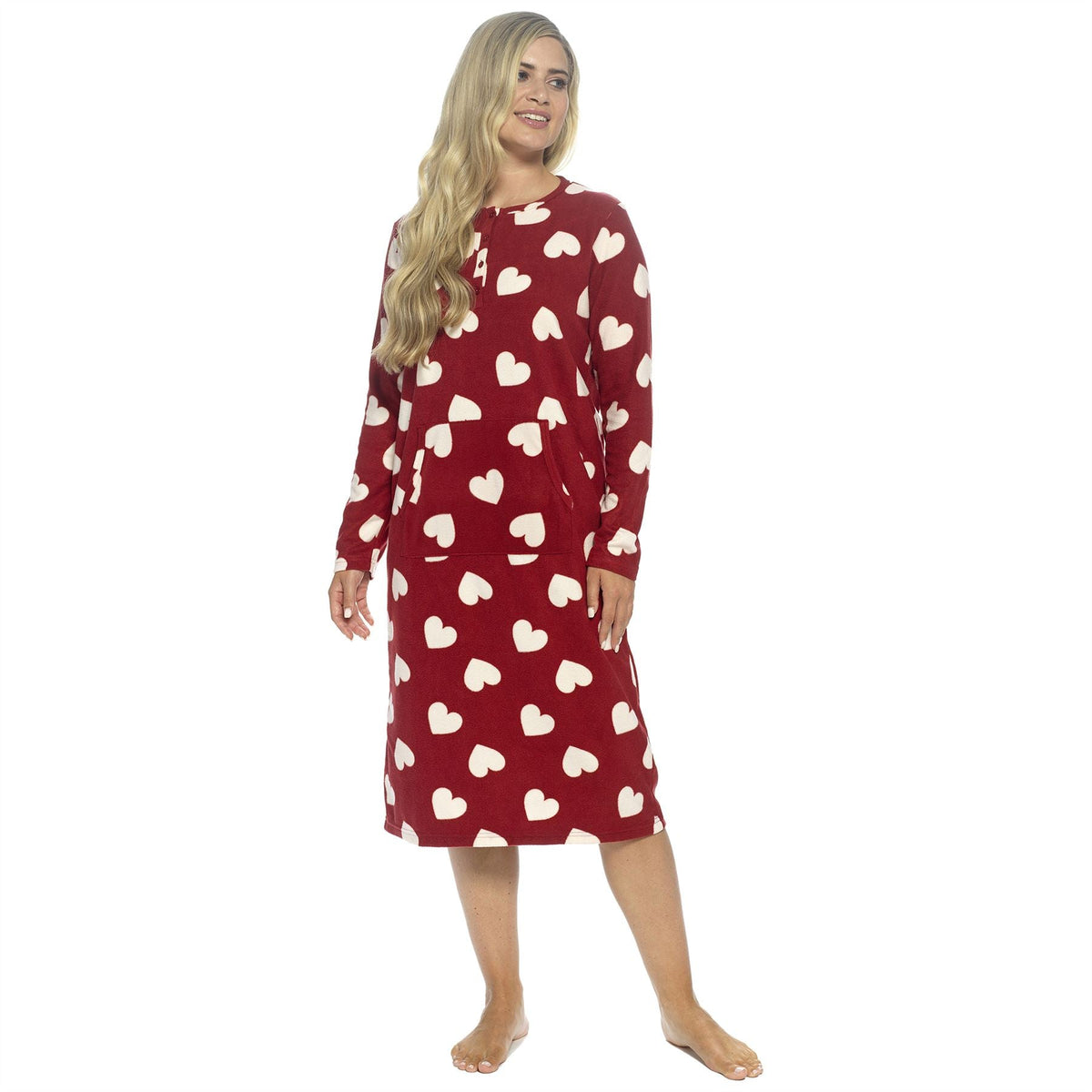 Wolf and Harte Womens Fleece Button Placket Nightdress - Wine Hearts Wolf and Harte