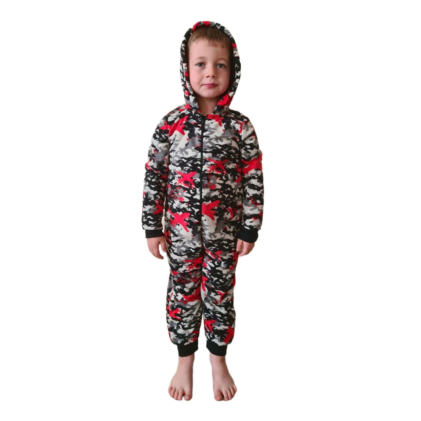 Kids Camo Hooded Fleece Onesie - Grey