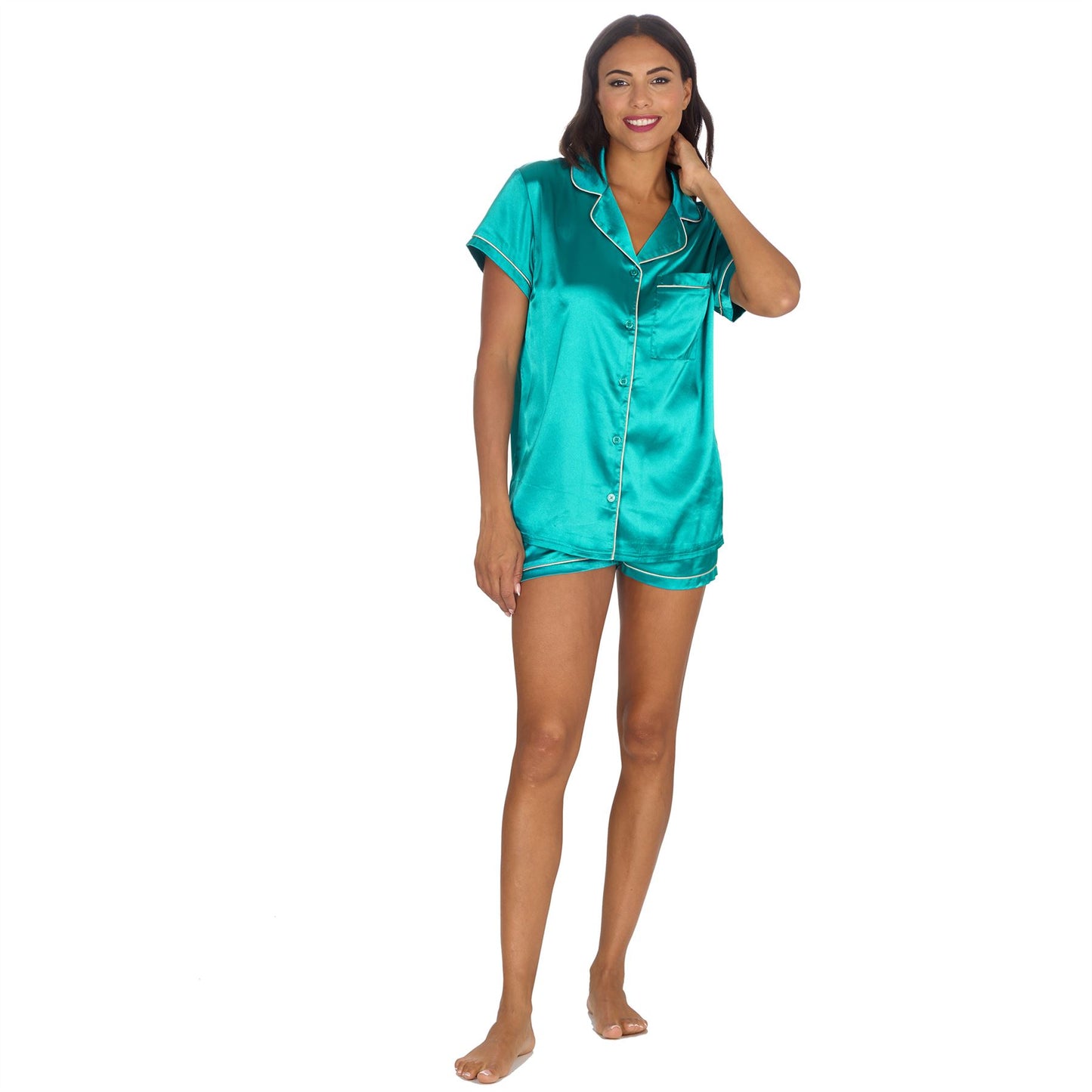Slumber Party Womens Satin Pyjama Top and Shorts - Teal