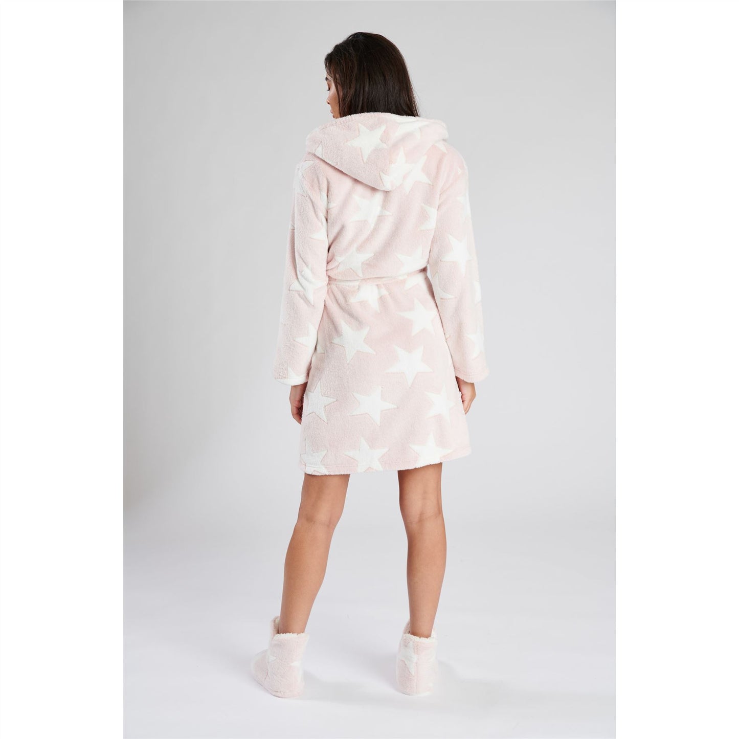 Loungeable Womens Star Embossed Fleece Hooded Robe - Pink