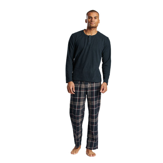 Loungeable Mens Ribbed Fleece/Woven Pyjamas - Navy/Navy Check