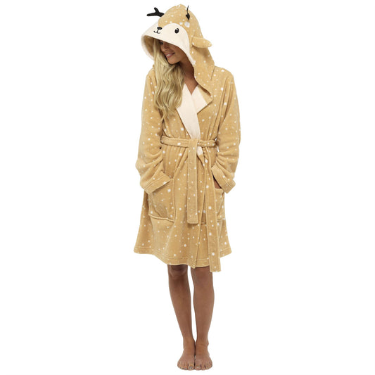 Foxbury Womens Deer Hooded Robe - Brown