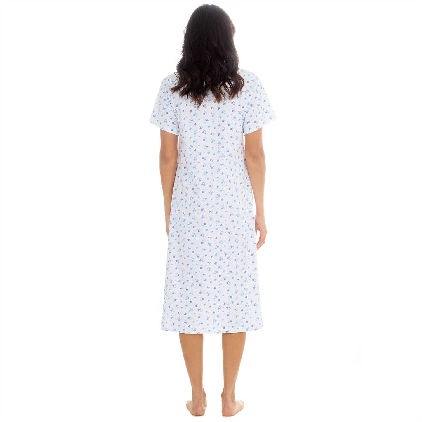 Cottonique Short Sleeve Floral Nightdress - White/Blue