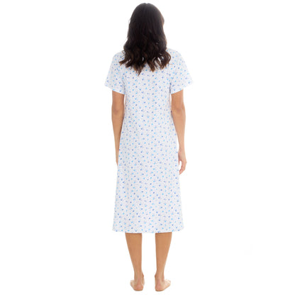 Cottonique Short Sleeve Floral Nightdress - White/Blue