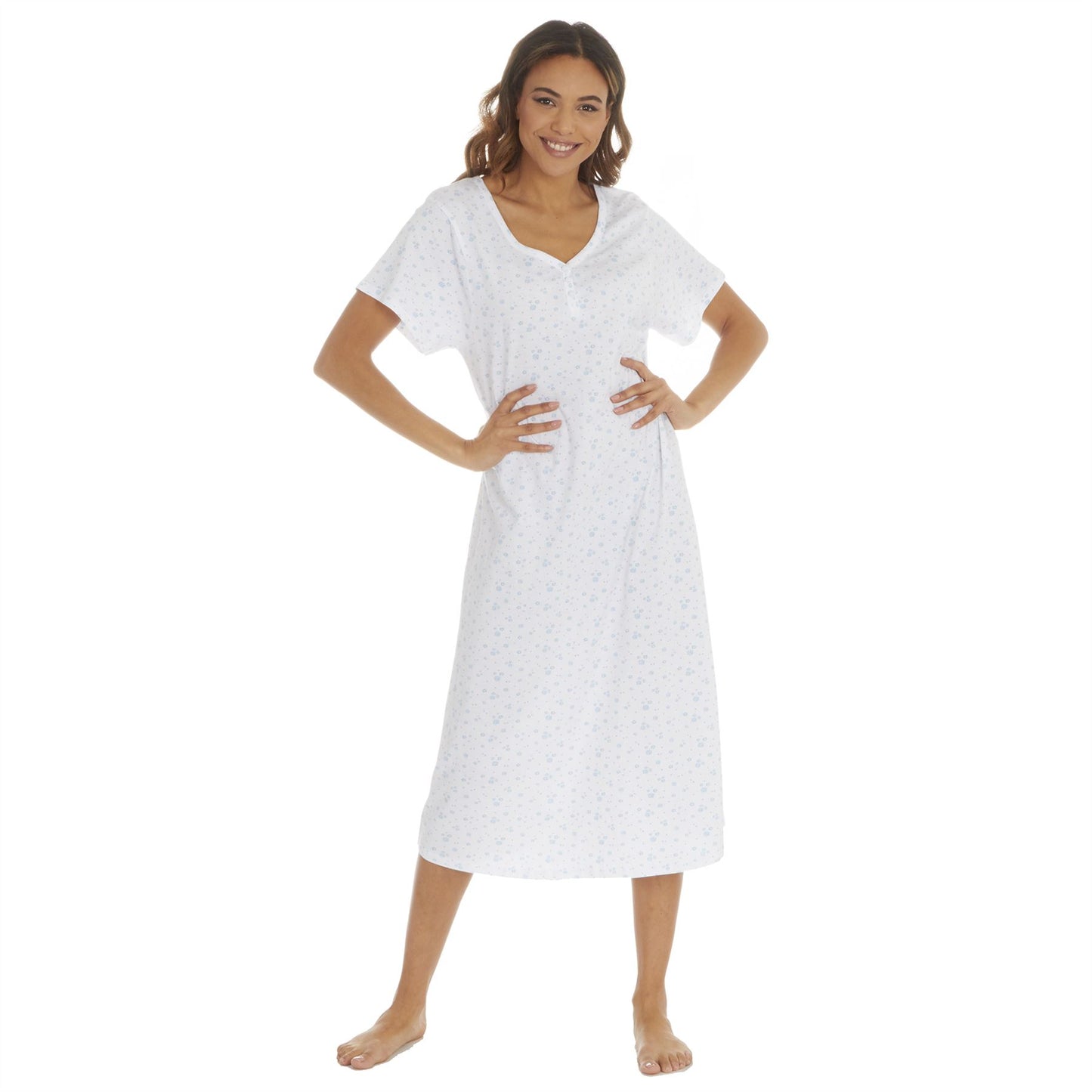 Cottonique Short Sleeve Floral Nightdress - White/Blue