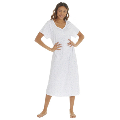 Cottonique Short Sleeve Floral Nightdress - White/Blue