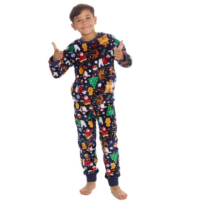 Kids All Over Print Fleece Christmas Pyjamas - Navy (7-13 Years)