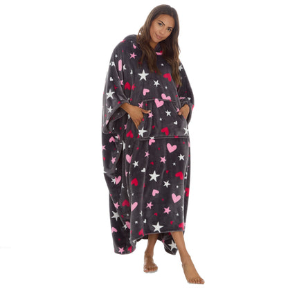 Huggable Hoodie Womens Fleece Oversized Poncho - Grey Stars/Hearts