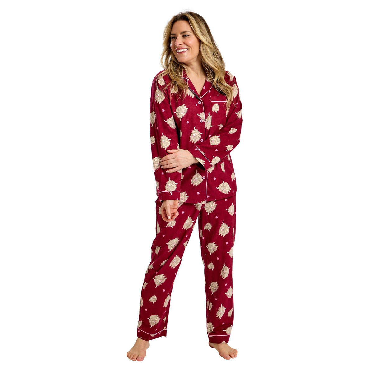 Indigo Sky Womens Highland Cow Winceyette Pyjamas - Burgundy Indigo Sky