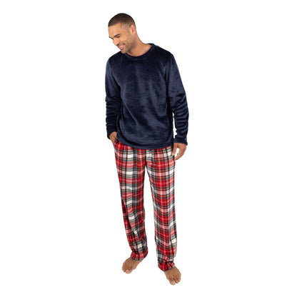 Cargo Bay Mens Crew Neck Fleece Pyjamas - Navy/Red Check Cargo Bay