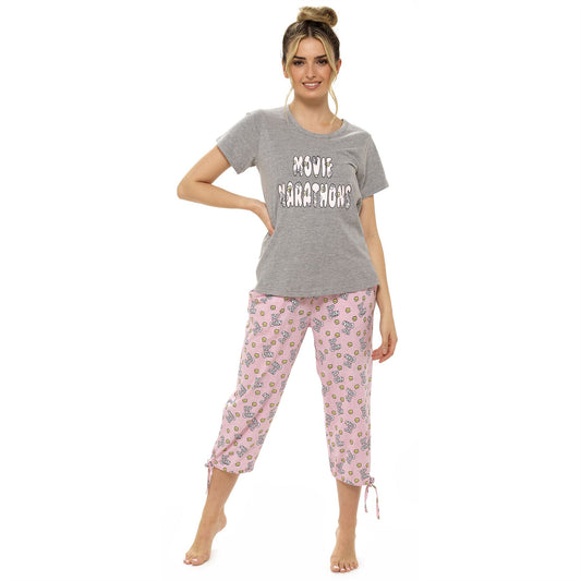 Follow That Dream Womens 'Movie Marathons' Pyjama Set - Grey/Print