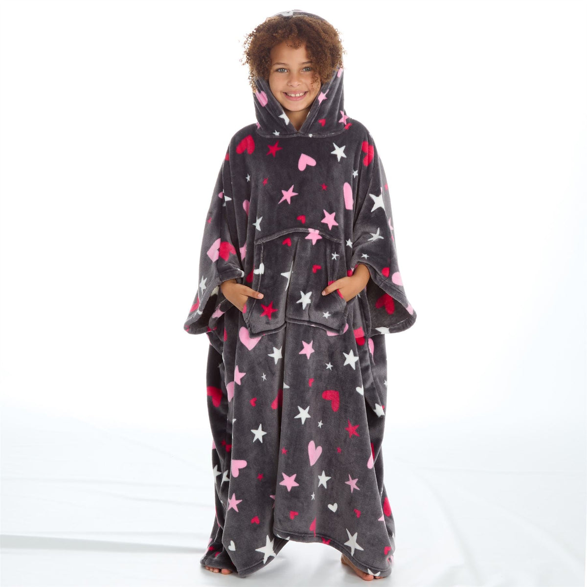 Huggable Hoodie Kids Fleece Oversized Poncho - Grey Stars/Hearts Huggable Hoodie
