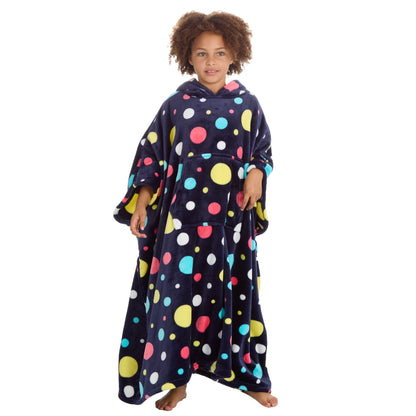 Huggable Hoodie Kids Fleece Oversized Poncho - Navy Spots