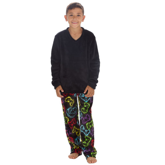 Cargo Bay Kids Fleece Gamer Print Pyjamas - Black/Multi