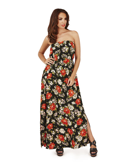 Pistachio Rose Print Bandeau Maxi Dress - Black/Red