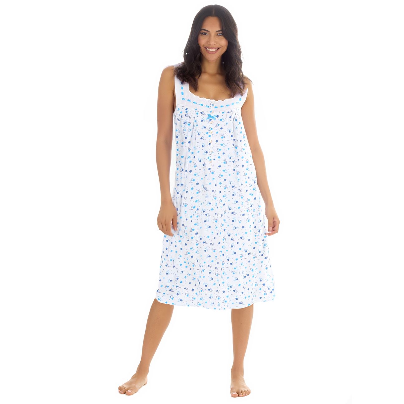 Cottonique Sleeveless Floral Nightdress - White/Blue Cottonique