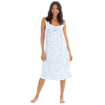 Cottonique Sleeveless Floral Nightdress - White/Blue Cottonique
