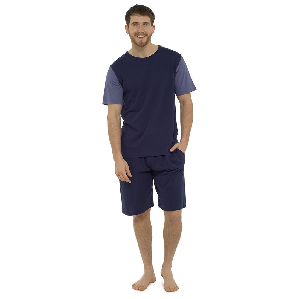 Tom Franks Mens Contrast Short Sleeve Jersey Pyjamas - Navy/Denim