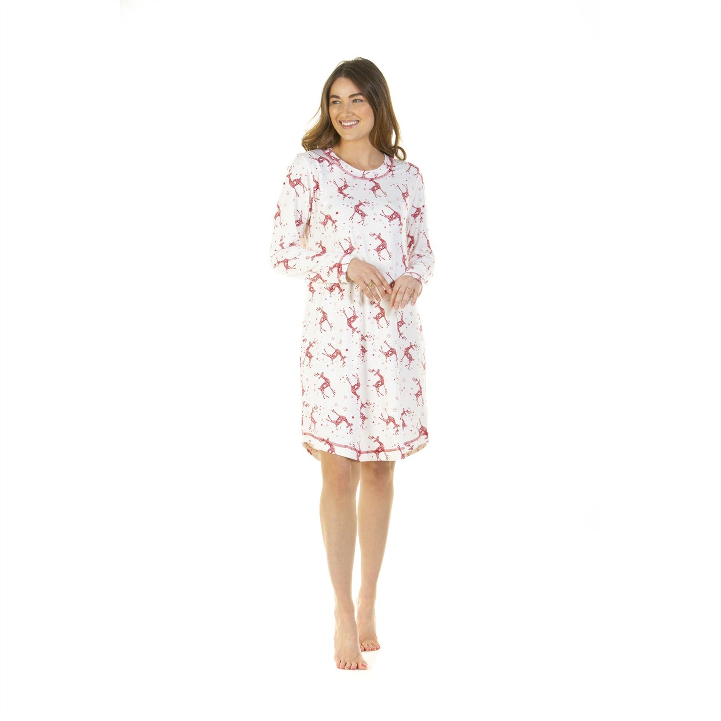 La Marquise Womens Jersey Knit Reindeer Nightdress - Ivory