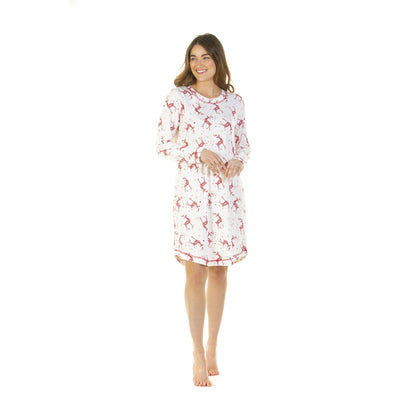 La Marquise Womens Jersey Knit Reindeer Nightdress - Ivory