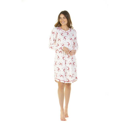 La Marquise Womens Jersey Knit Reindeer Nightdress - Ivory