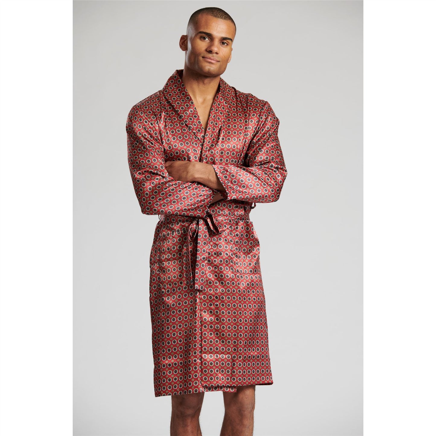 Loungeable Mens Patterned Satin Robe - Burgundy