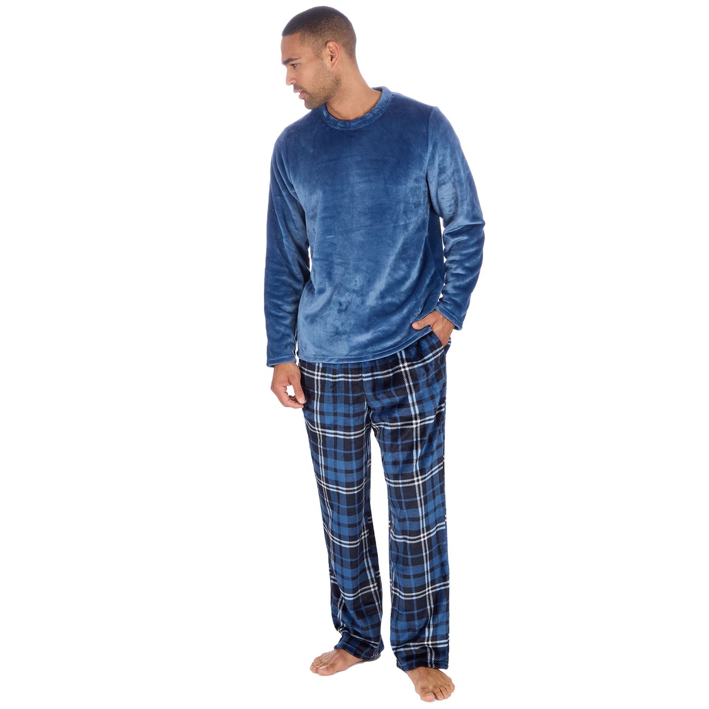 Cargo Bay Mens Fleece Check Pyjamas - Denim/Denim Check