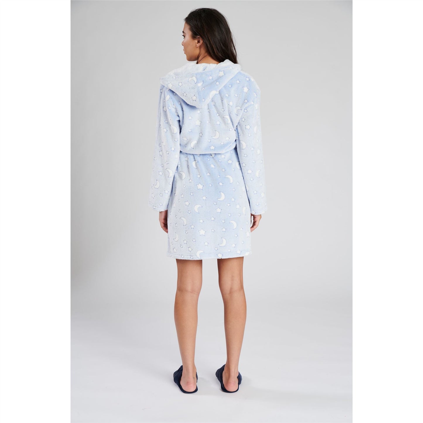 Loungeable Womens Moon/Stars Fleece Hooded Robe - Blue