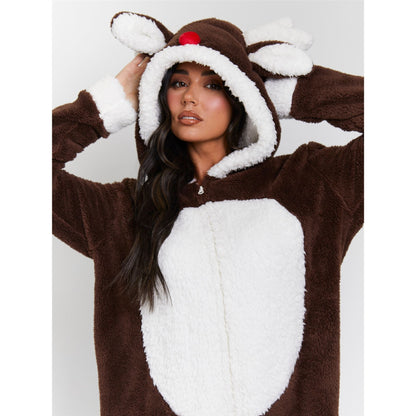 Loungeable Womens Reindeer Fleece Onesie - Brown/White