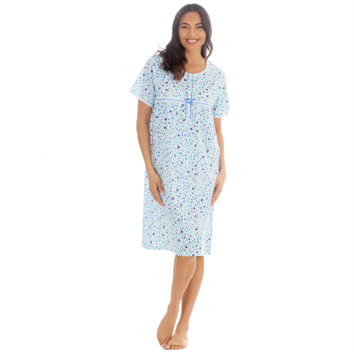 Countess Christie Short Sleeve Woven Poplin Floral Nightdress - Blue/Mint