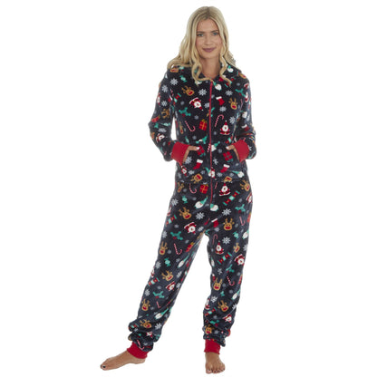 Slumber Party Unisex Christmas Print Flannel Fleece Onesie - Navy