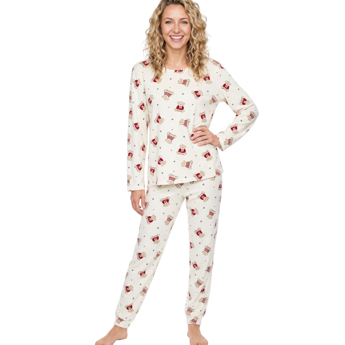 Indigo Sky Womens Long Sleeve Teddy Print Pyjama Set - Ivory Indigo Sky