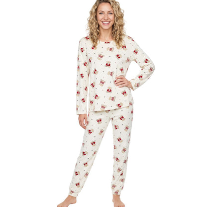 Indigo Sky Womens Long Sleeve Teddy Print Pyjama Set - Ivory Indigo Sky