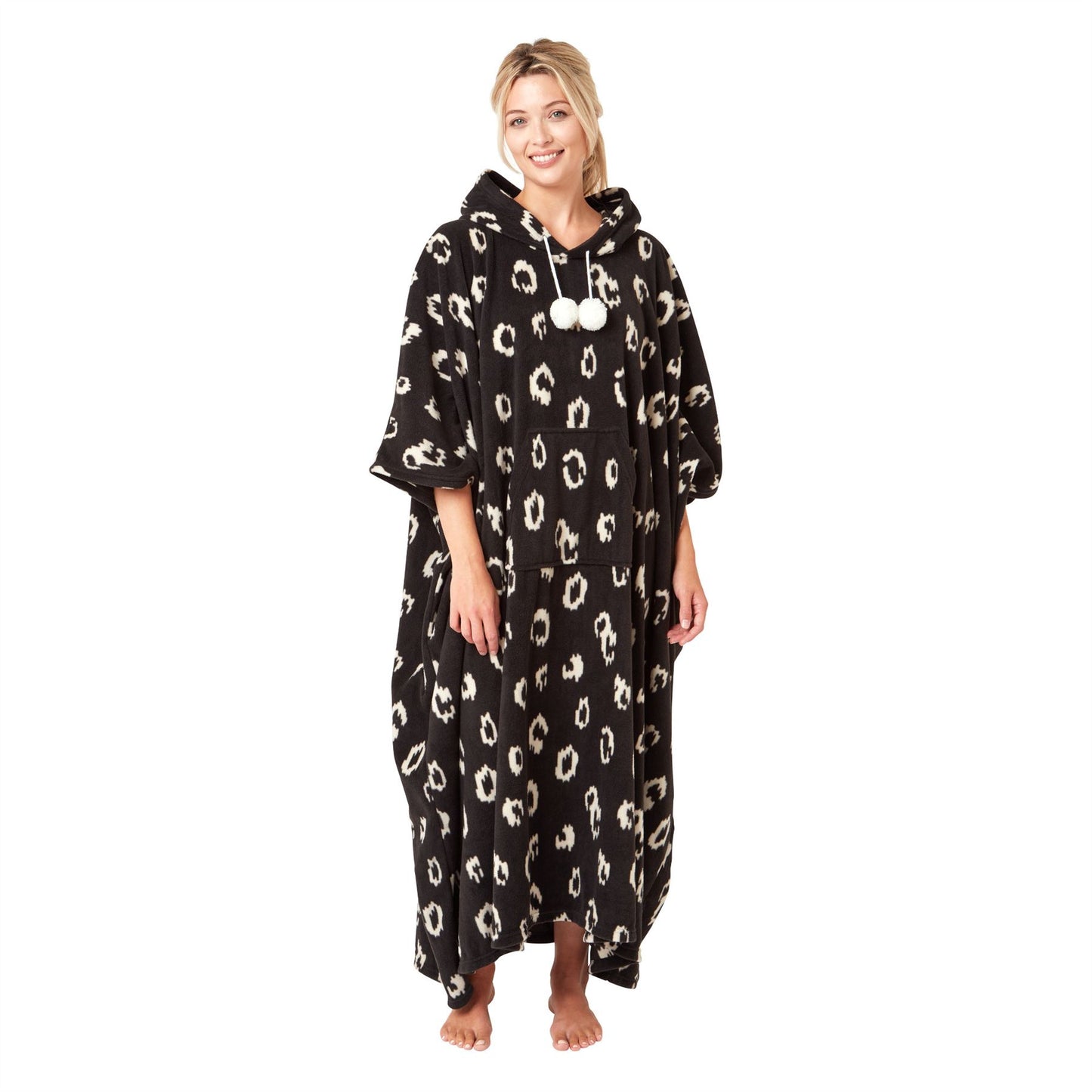 Indigo Sky Womens Fleece Animal Print Oversized Poncho - Black