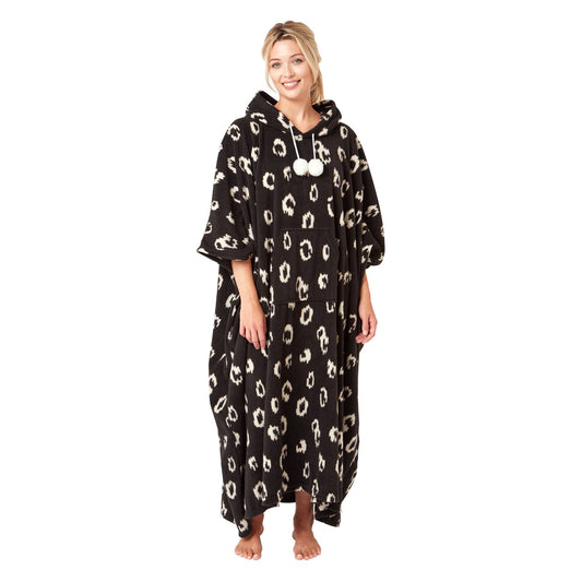 Indigo Sky Womens Fleece Animal Print Oversized Poncho - Black