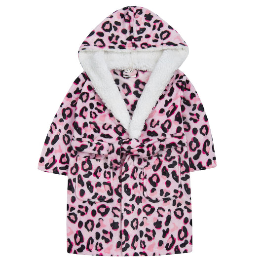Minikidz Kids Leopard Print Hooded Fleece Robe - Pink
