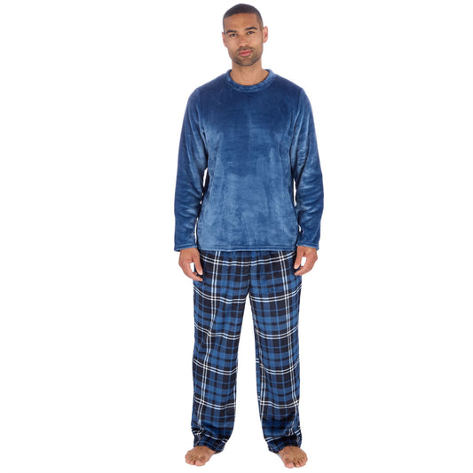 Cargo Bay Mens Fleece Check Pyjamas - Denim/Denim Check