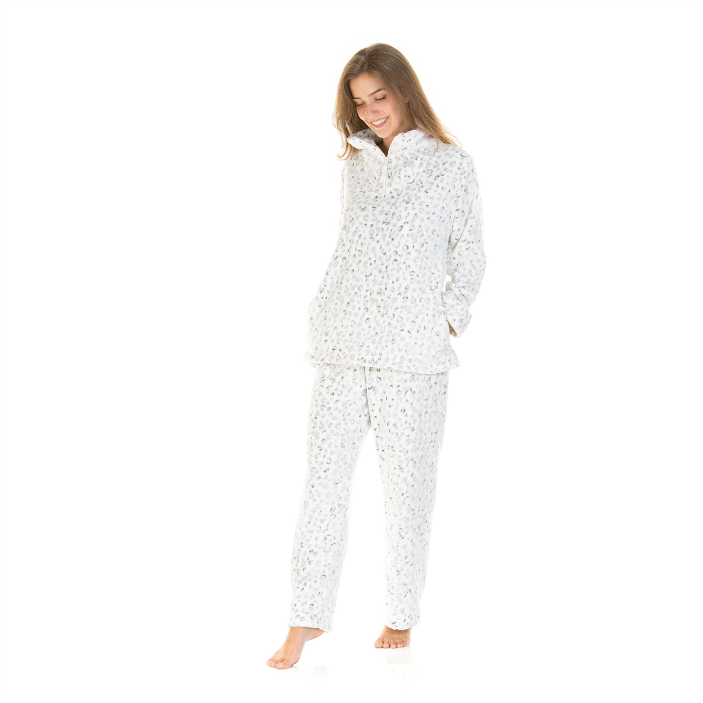 La Marquise Womens Snow Leopard Funnel Neck Pyjama Set