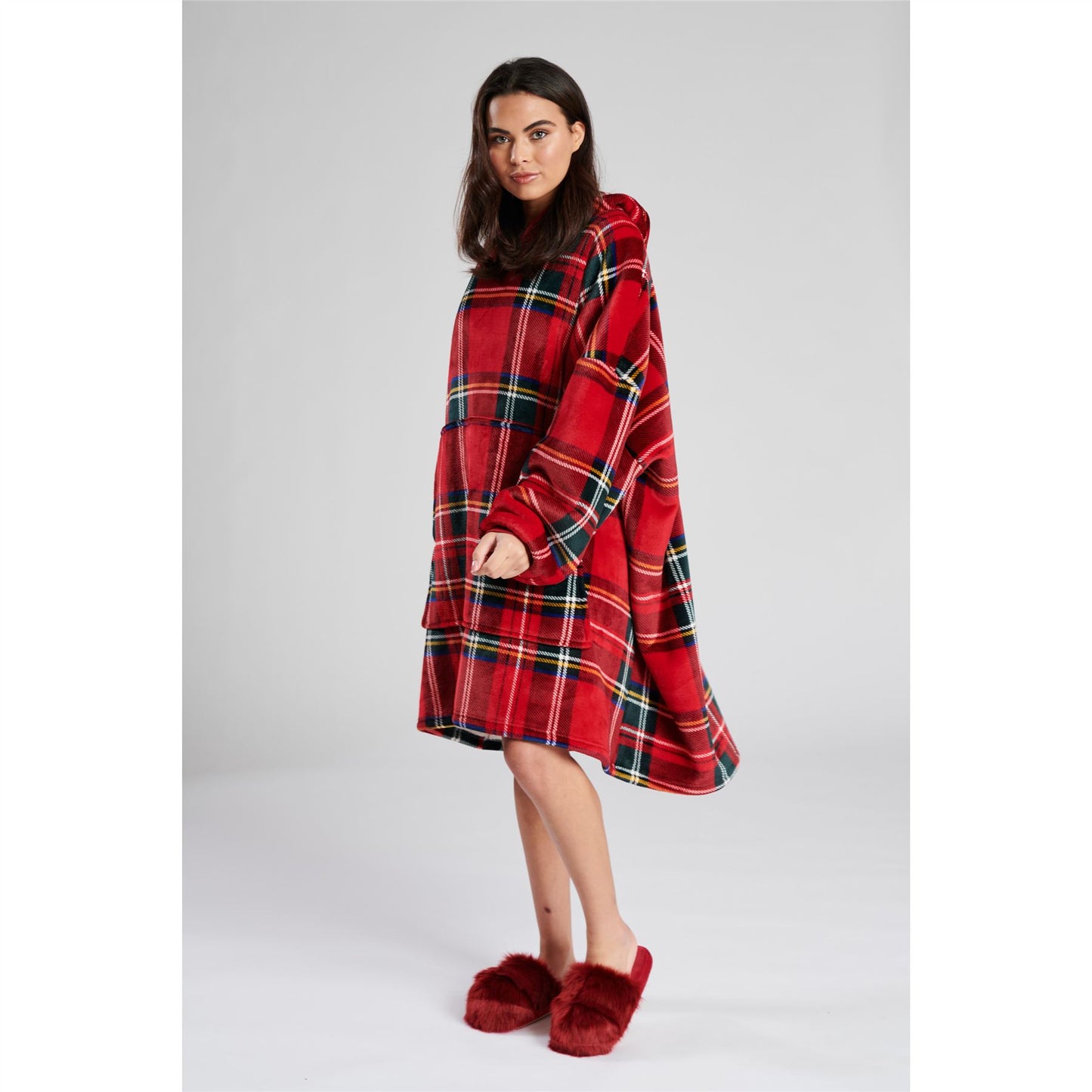 Loungeable Womens Tartan Sherpa Lined Fleece Poncho - Red Check