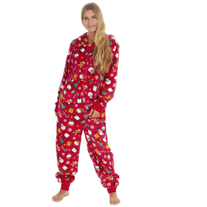 Onezee Unisex Christmas Print Flannel Fleece Onesie - Red
