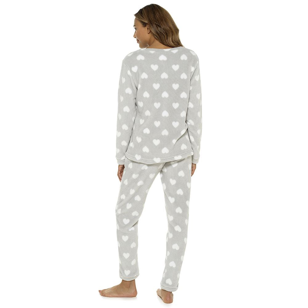Foxbury Womens 'Snuggle Up' Heart Print Fleece Pyjamas - Grey