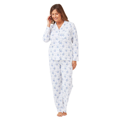 Marlon Womens Floral Revere Collar Brushed Cotton Pyjamas - Blue