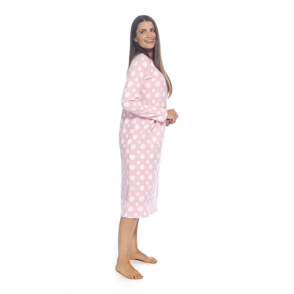 Wolf and Harte Womens Fleece Button Placket Nightdress - Pink Spots