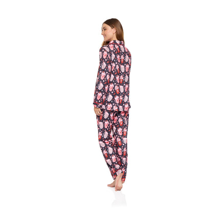 La Marquise Womens Jersey Knit Button Through Hot Chocolate Pyjamas - Black