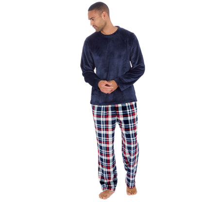 Cargo Bay Mens Fleece Check Pyjamas - Navy/Burgundy Check