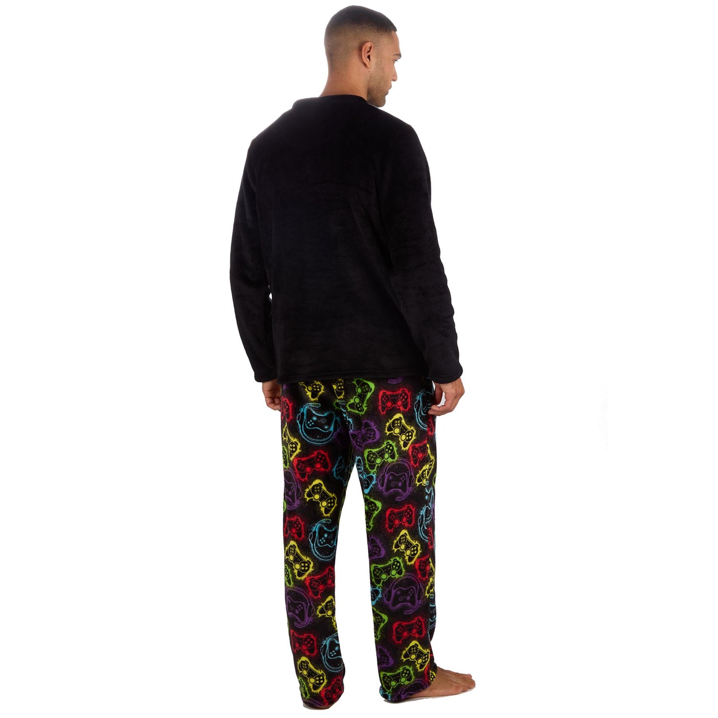 Cargo Bay Mens Fleece Gamer Print Pyjamas - Black/Multi