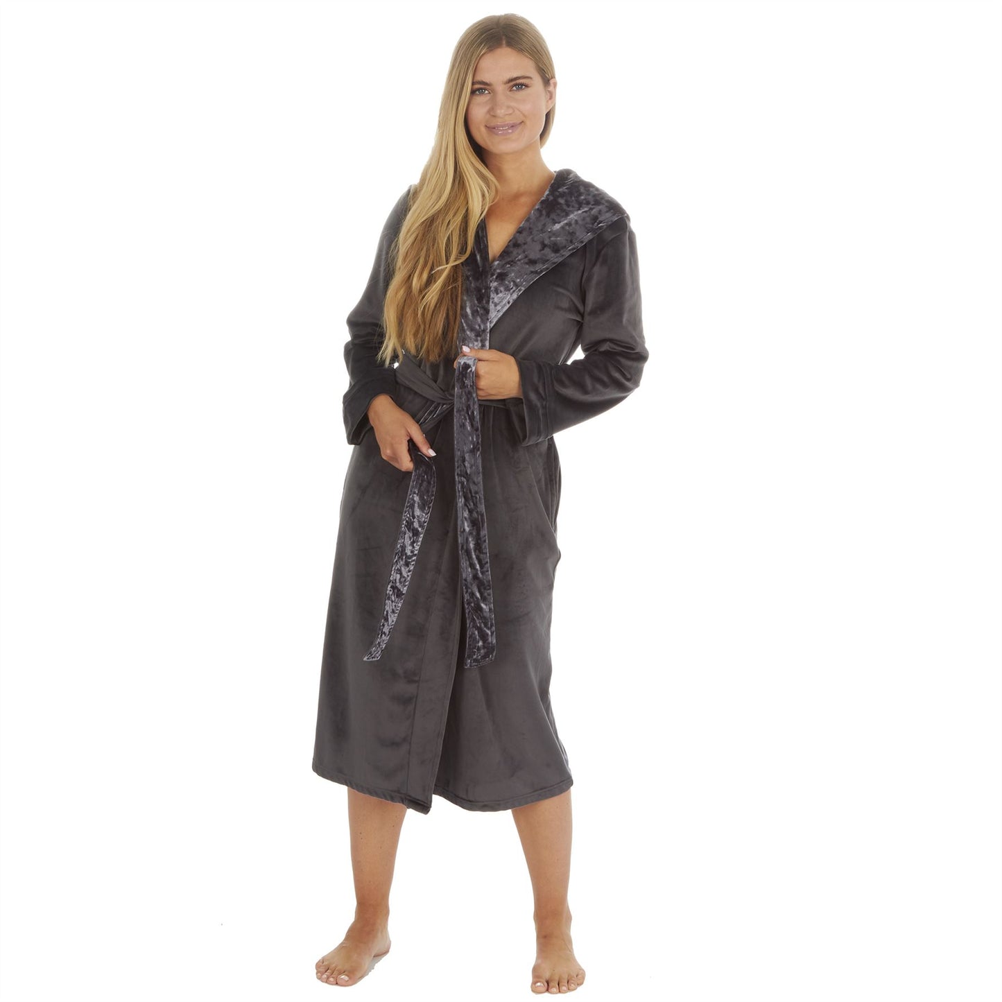 Forever Dreaming Womens Plush Velour Contrast Robe - Charcoal
