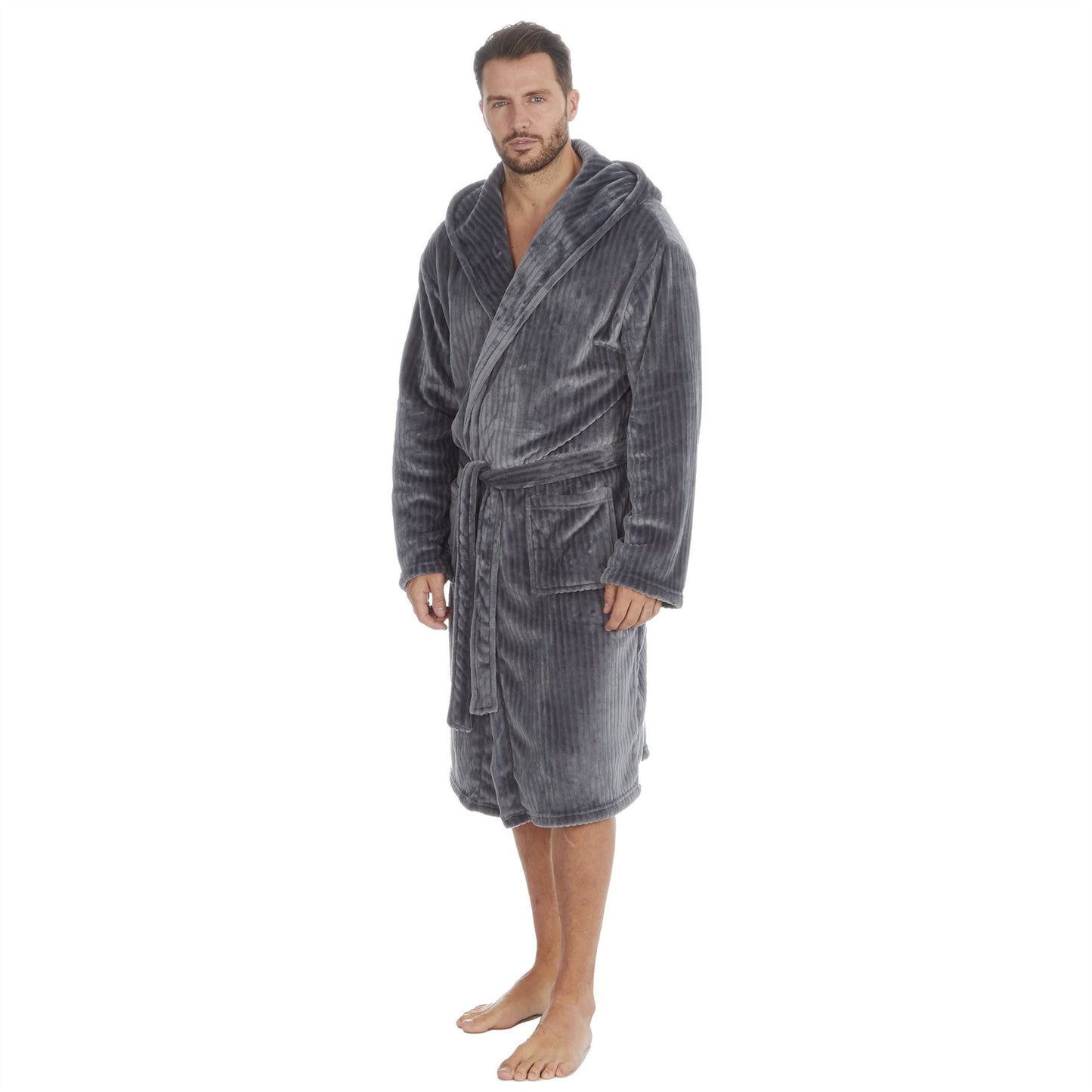 Pierre Roche Mens Vertical Clipped Fleece Hooded Robe - Grey